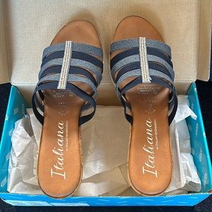 Italiana sandals. Size 7M. Denim with cork heel. New.